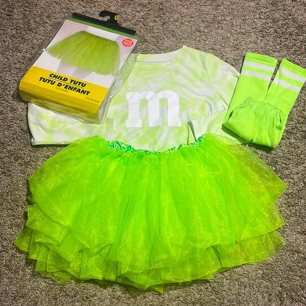 children’s lime green m&m costume. Small/medium. Socks,skirt and long sleeve.